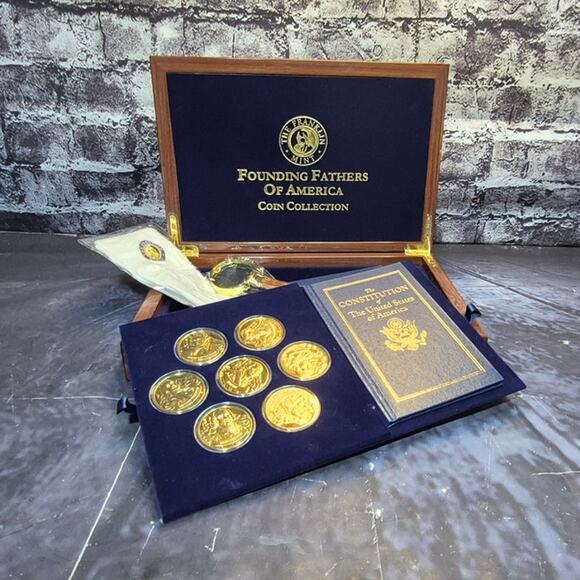 The Franklin Mint Founding Fathers Coin 7pcs 24 Gold Plated with Box - Picture 1 of 7